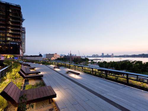 The High Line with wooden loungers at night